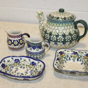 Polish Pottery Teapot & Dishes