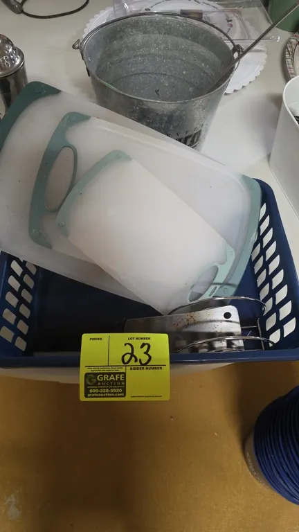 Assorted kitchen and bar smallwares lot. Includes Pacifico Clara galvanized metal pail, plastic basket, poly cutting boards, cleaver knife, paring kni