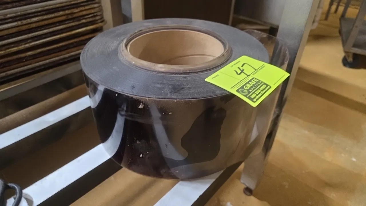 Poly strip curtain material roll. Features clear flexible strip construction. Dimensions: 6"W strip width, 11.5" roll diameter.