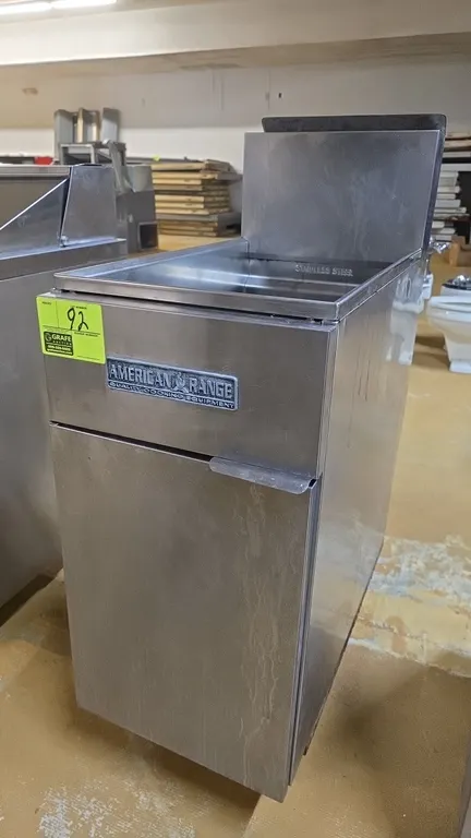 American Range AF-45 commercial deep fryer. Features stainless steel construction, 3 burner tubes, analog temperature controls, and a front drain valv