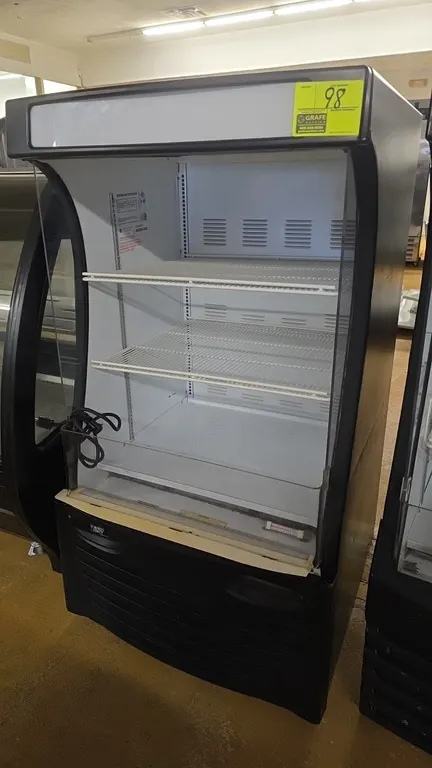 Beverage-Air BZ13-1 refrigerated self-contained open front merchandiser case. Features top display sign panel, (2) adjustable wire shelves, and glass