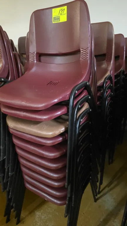 Polypropylene stackable chairs. Features molded plastic seats and backrests with lower back handle cutouts and vented seat drainage slots. Mounted on