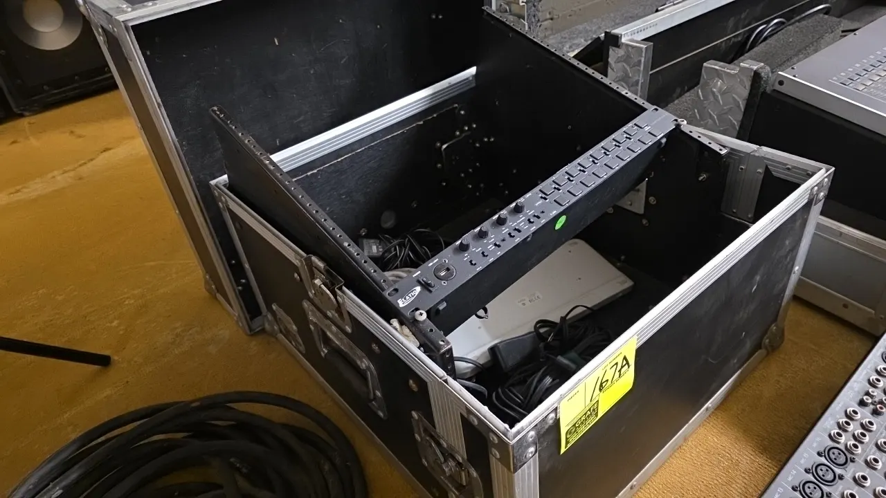 Flight case with 2006 Elation Light Copilot II lighting controller. Features aluminum edge trim, recessed handles, and rack rails. Controller includes