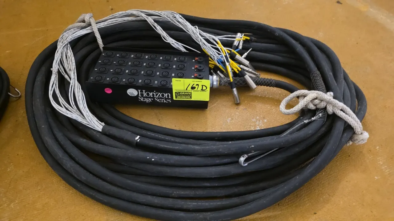 Horizon Stage Series multi-channel audio snake cable system. Features a metal stage box with 24 XLR input channels and 4 return channels (A-D), heavy-