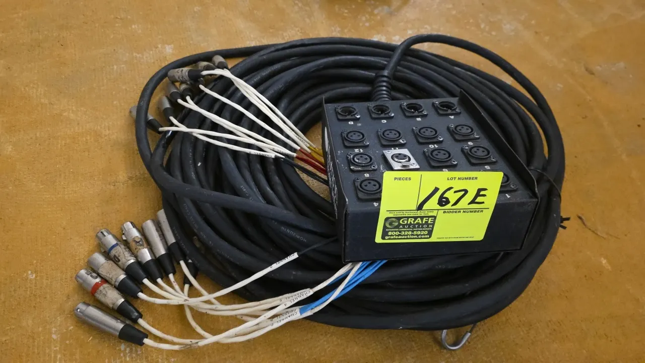 Horizon Stage Series audio snake cable system. Features a metal stage box with 12 female XLR inputs and 4 male XLR returns, heavy-duty multi-pair snak