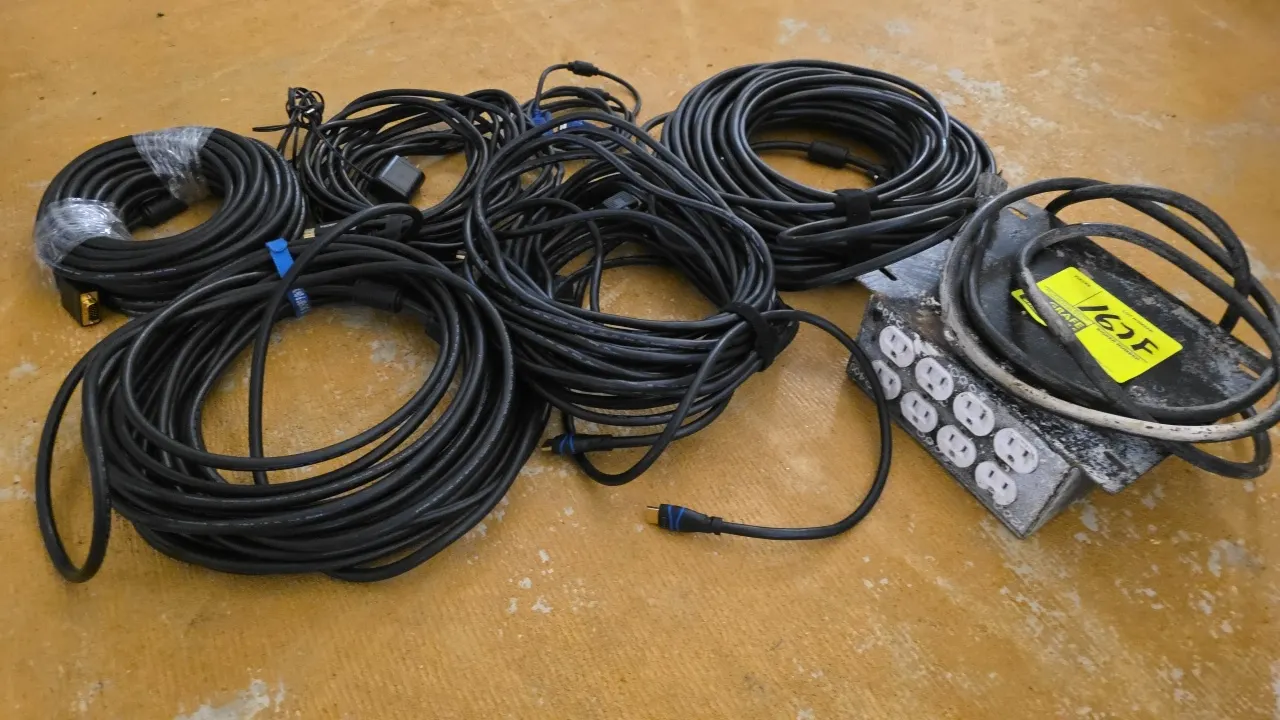 Stage power drop box with assorted cables. Drop box features a metal enclosure with mounting flange, (4) duplex receptacles (8 total outlets), and att