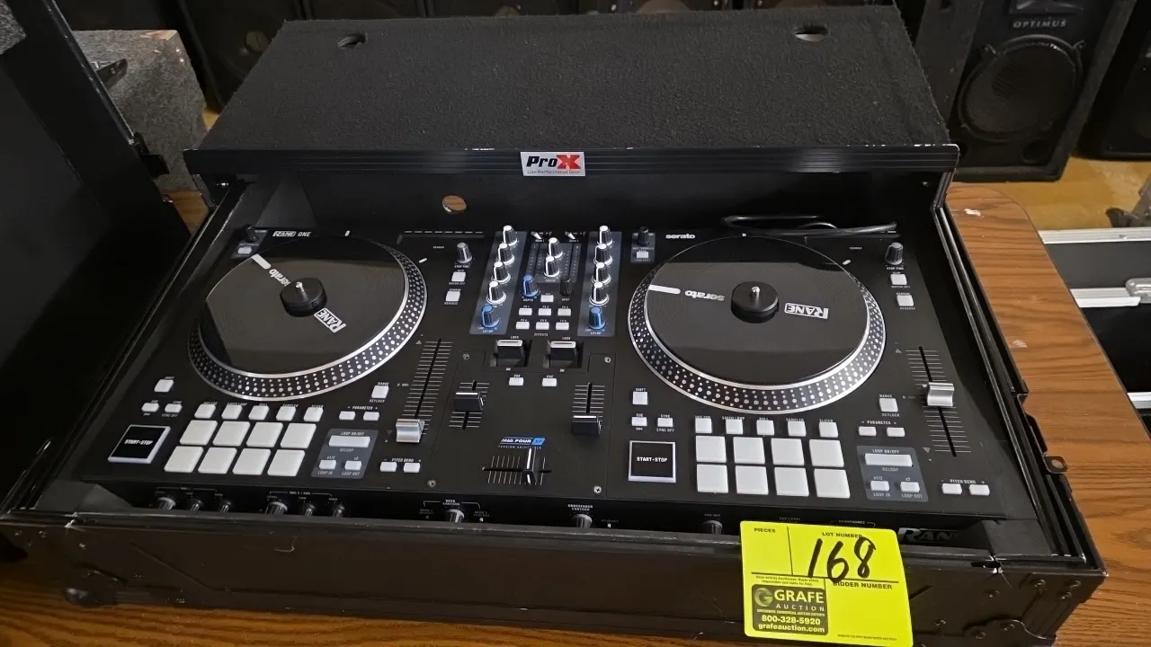 Rane ONE motorized DJ controller. Features dual motorized turntable platters, MAG FOUR fader, multi-function performance pads, dedicated loop controls