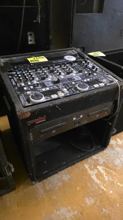 DJ audio equipment package. Includes Peavey PV 2600 stereo power amplifier, Denon DN-X500 DJ mixer, and Denon DN-D4000 dual CD/MP3 player drive unit a