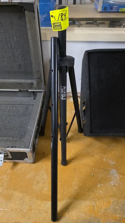 BlueDJ Pro Audio tripod speaker stand. Features collapsible tripod base and includes an extra pole. Road case and speaker in background not included.