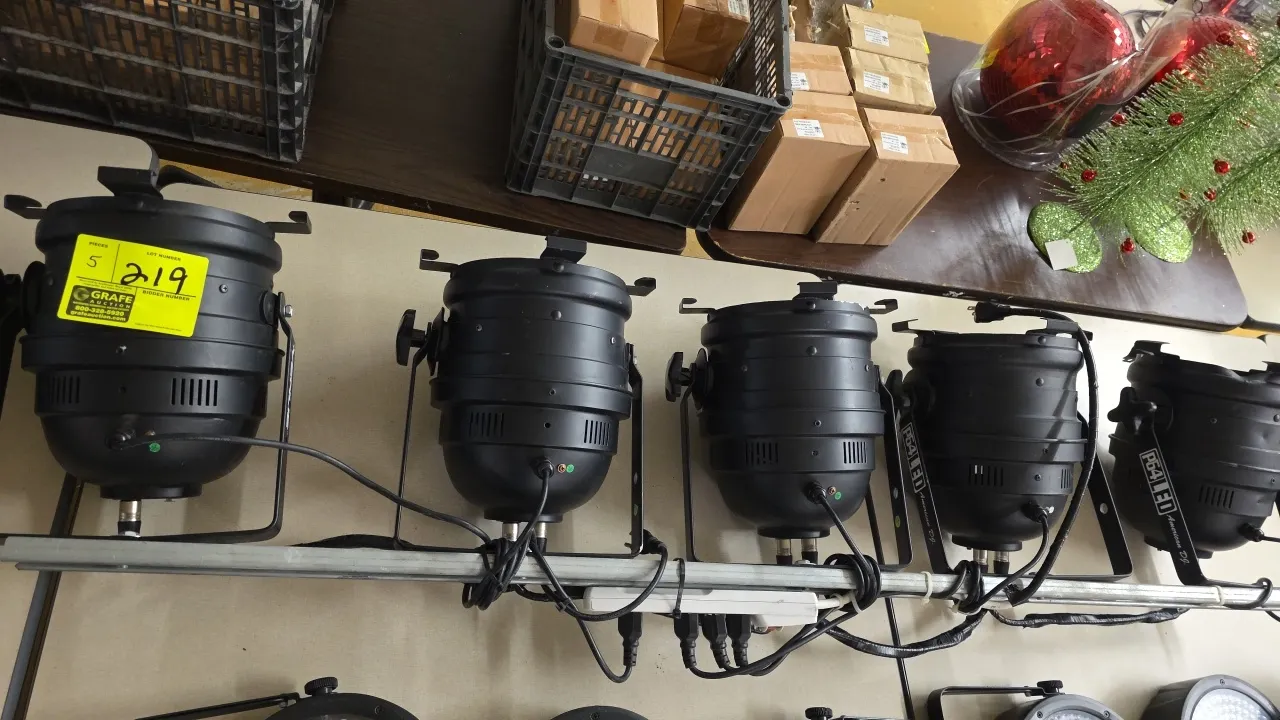 Venue LED PAR64 stage lighting fixtures. Features RGB color mixing, 3-pin DMX in/out connectivity, rear DIP switches, microphone sensitivity control,