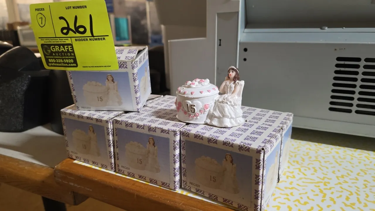 A Set of Seven Vintage Quinceañera Ceramic 15th Birthday Trinket Box Figurines. (SFI) Model REC231. Each figurine features a seated young woman beside