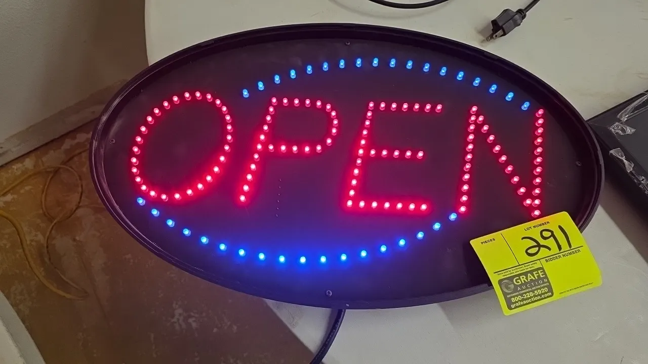 Leotek FS-OP10-R LED open sign. Features red LED lettering, blue LED oval border accent, and pull chain switch. 21"L. Electrical: 115V, 1A, 50/60Hz.