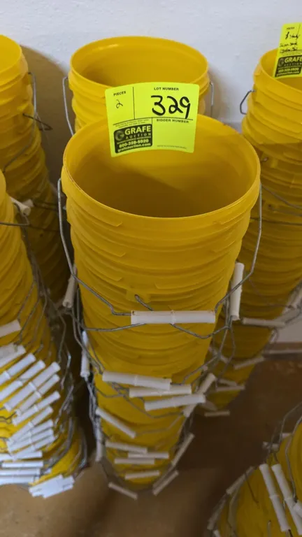 Letica 1-gallon poly pails. Yellow HDPE construction with 60 mil wall thickness. Features wire bail handles with plastic grips. 26 pails per stack.
