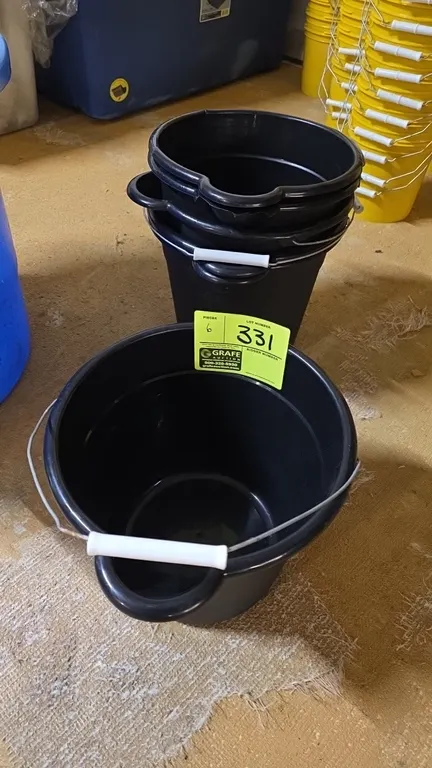 Polypropylene 9-quart pails. Features black molded plastic construction, integrated pour spout, and wire bail handle with plastic grip. 9-quart (8.6-l