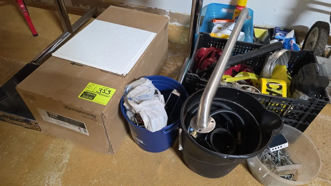 Assorted building materials and maintenance supplies lot. Includes Armstrong ceiling tiles, polished granite floor tiles, stainless steel grab bar, fl