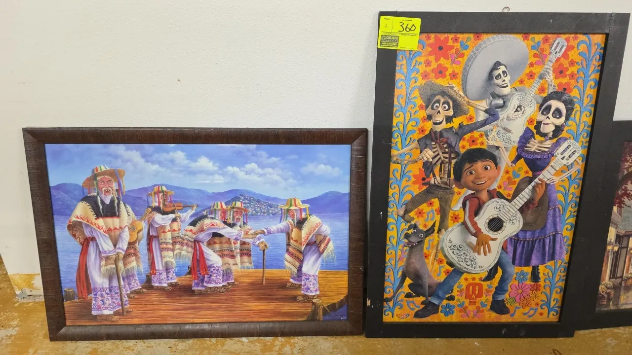 Framed wall decor. Includes (1) Disney Pixar "Coco" print in a black frame and (1) Mexican "Danza de los Viejitos" folk dance print in a textured brow