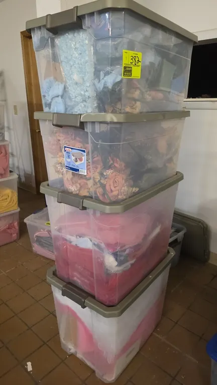Sterilite poly storage totes with floral and bow materials. Includes (4) clear plastic latching totes containing artificial flowers, floral stems, and