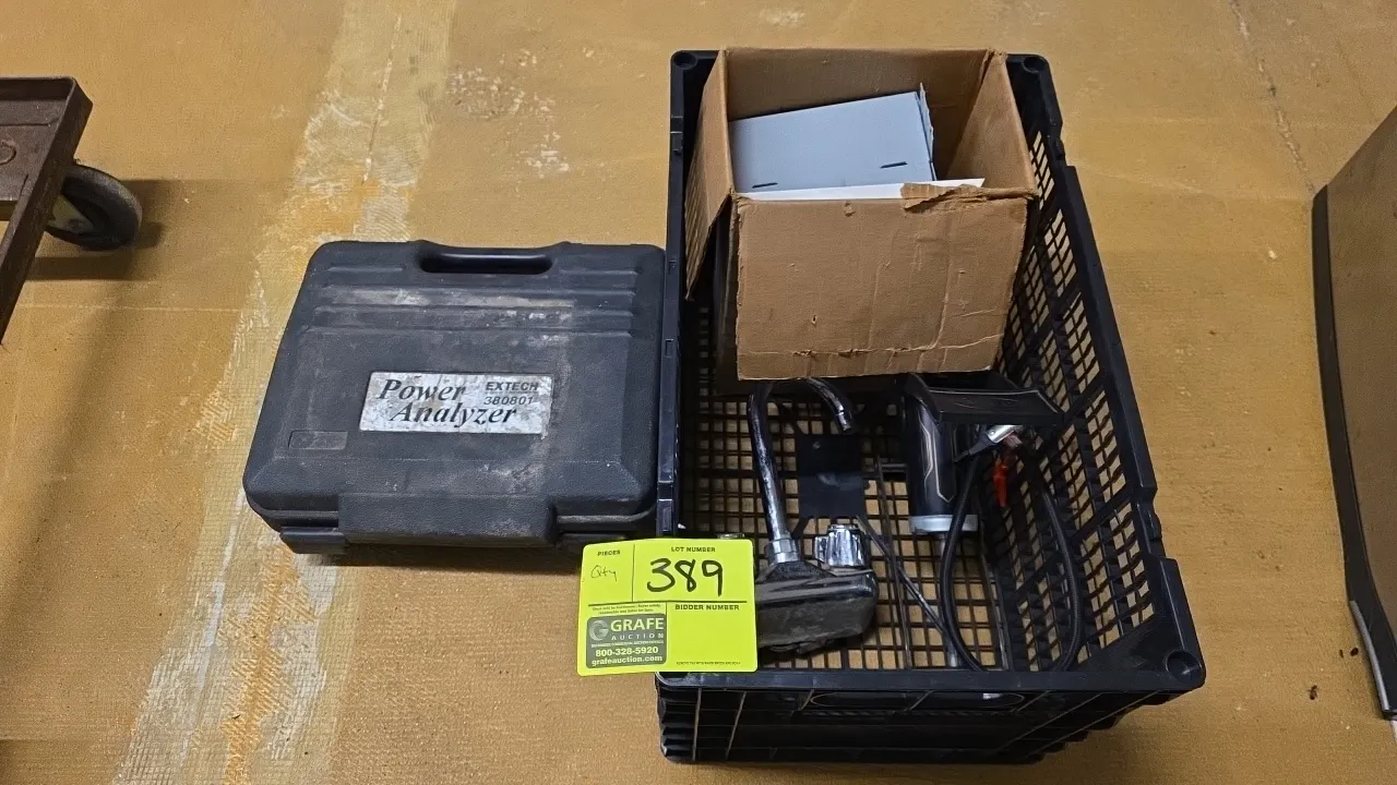 Extech 380801 True RMS power analyzer package lot. Includes hard protective case, test leads, user manual, Bell foot-operated air pump, two-handle fau