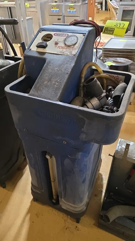 Wynn's PowerFlush coolant exchange machine. Features control panel with Ashcroft 0-30 PSI pressure gauge, flow indicator, service complete light, acce