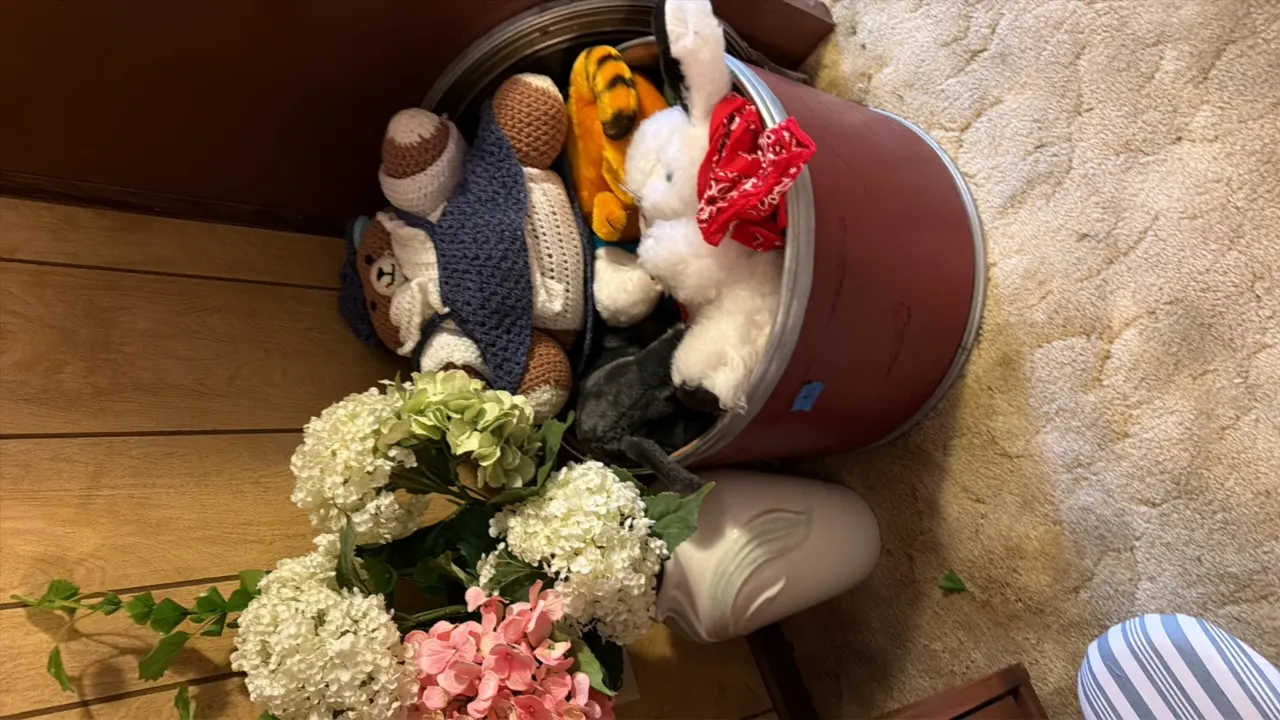 Bin of stuffed animals and big ceramic flower vase