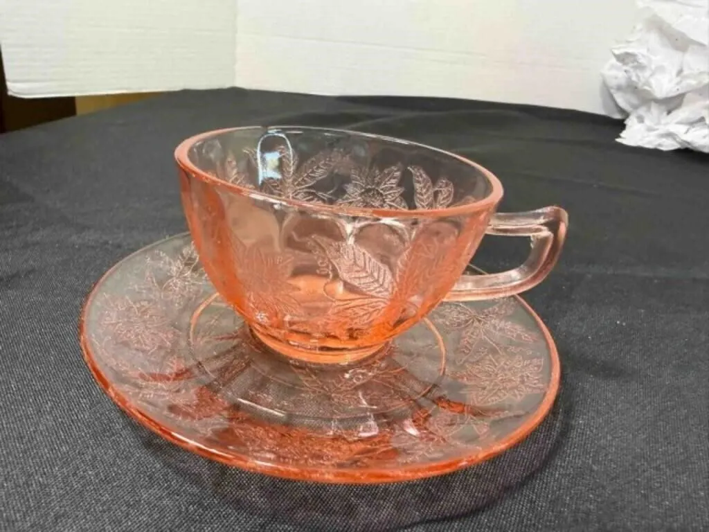 DEPRESSION GLASS CUPS/SAUCERS