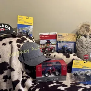 3 New Holland, 2 CASE IH toys, 2 Hats & a Toque