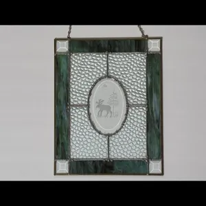 Green Stained Glass Panel with Moose Motif