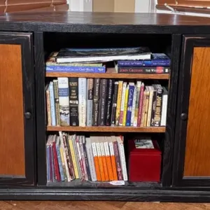Wood Corner Media Console with Contents