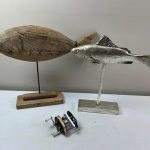 Fish Sculptures & Fishing Reel (Lot of 3)