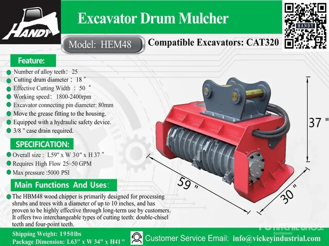 2026 Handy HEM48 48 in Excavator Mulcher - Fits Cat 320 (Unused)