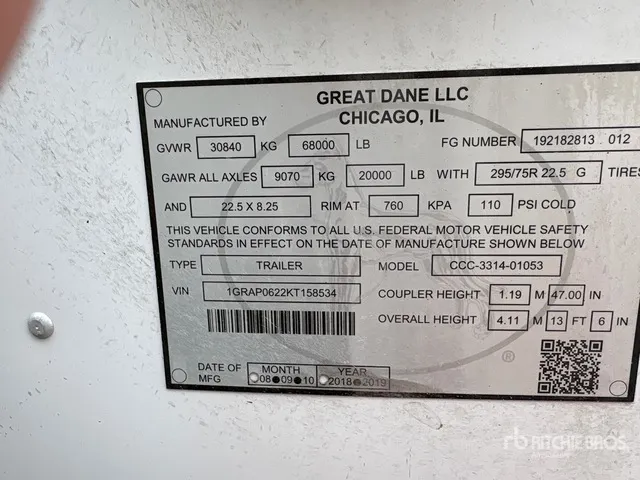 2019 Great Dane CCC-3313-01053 53 ft T/A Van Trailer