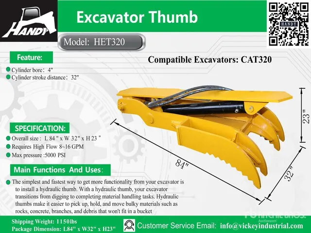 2026 Handy HET320 Excavator Thumb - Fits Cat 320 (Unused)