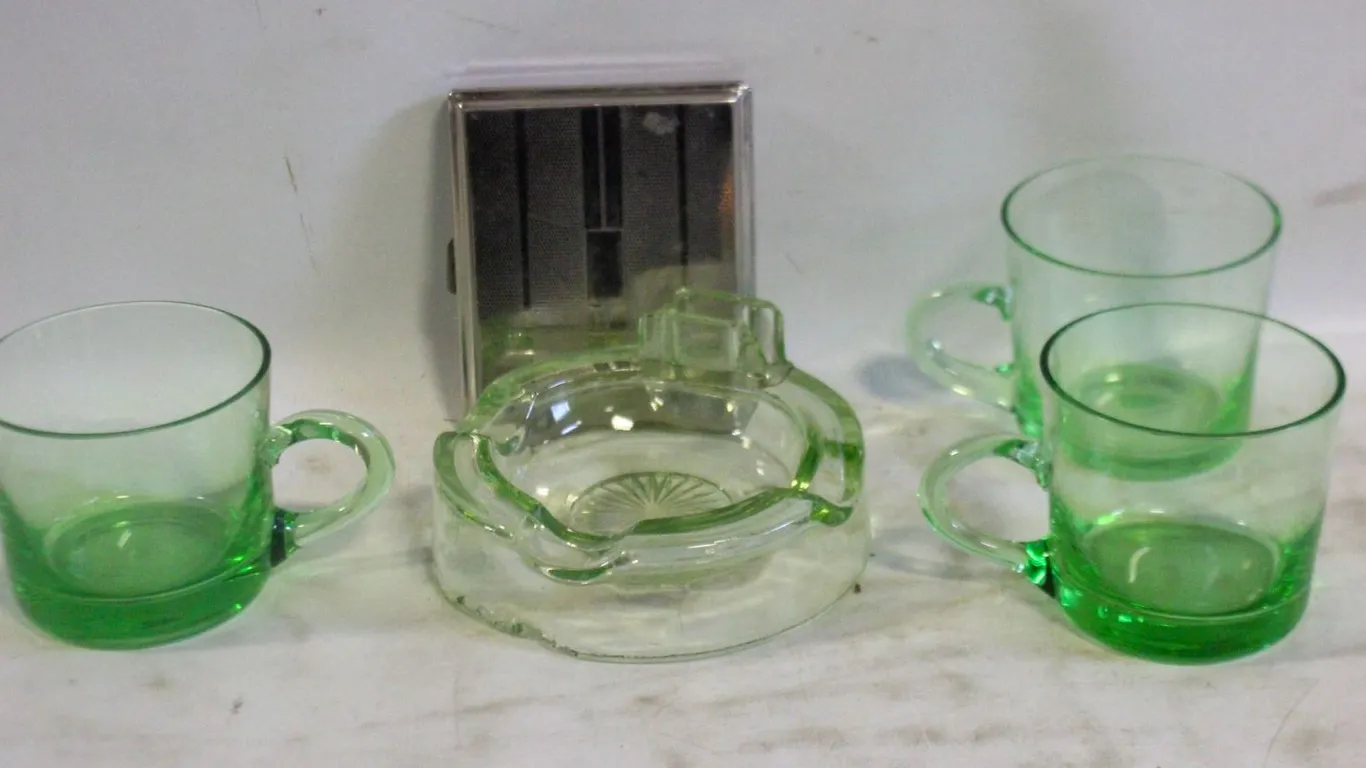 URANIUM GLASS ASHTRAY, CUPS AND CIGARETTE CASE