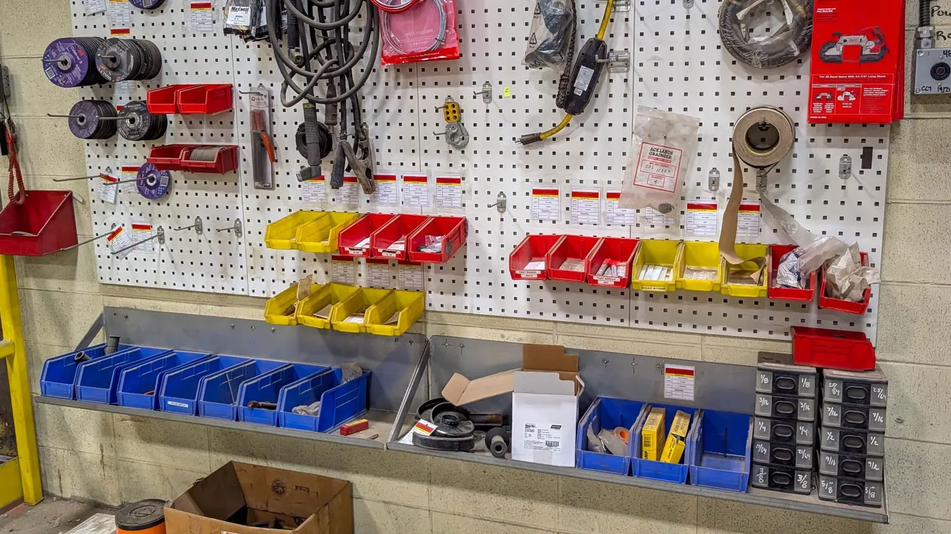 WALLMOUNTED PEGBOARD RACK & 2 SHELVES W/ CONTENTS