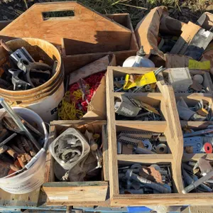 Wooden Tool Caddies with Nails, Bolts, Anchors & Washers, Plastic Safety Chain & Pipe Clamps