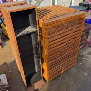 Slatted Pine Rolling Storage Cabinet with Lid & 2 Oak-Finish CD/DVD Media Towers