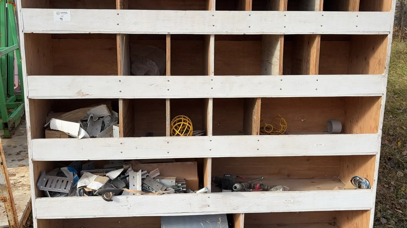 Large Rolling Plywood Cubby Storage Rack on Casters Plus Assorted Plywood Shelving Units