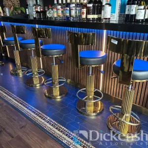 (6) GOLDEN MIDBACK BAR STOOLS WITH BLACK LEATHERETTE UPHOLSTERY