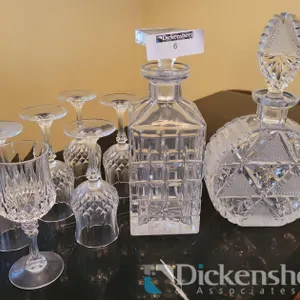 (2) CRYSTAL DECANTERS WITH (6) SMALL STEMMED GLASSES