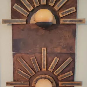 IRON WALL SCONCE AND RUSTIC STOOL