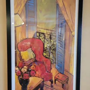 JAE DOUGAL SIGNED PRINT TITLED " LIFE WITH CHAIR", (3) 4 INCH DECORATIVE TILES