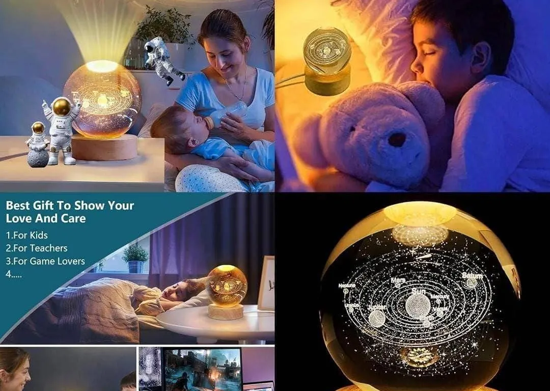 FREDOLITES 3D Crystal Glass Ball Night Light, Large 8 cm Solar System Projection Light