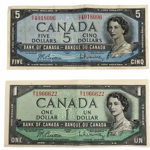 Vintage Canada $5 & $1 Banknotes 1954, Beattie-Rasminsky Sig. LOT OF 2 BILLS