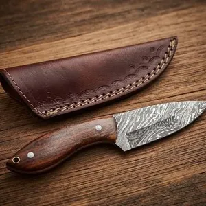Damascus Steel Knife With Wood Handle, Sheath