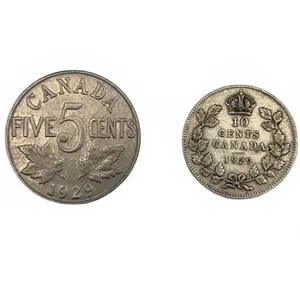 LOT of 2 Vintage 1929 Canada 5c Nickel & 10c Silver Coins