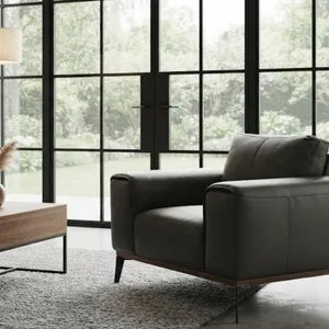 Modern Grey Leather Armchair With Metal Legs