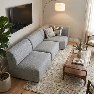 Grey Fabric Sectional Sofa With 2 Patterned Pillows