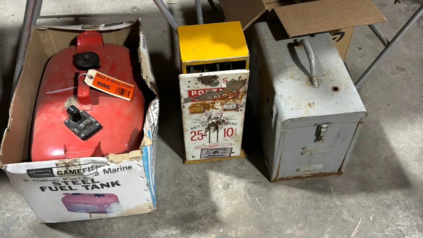 Sears Gamefisher Portable Fuel Tank, Postage Stamp Vending Machine, Metal Control Box