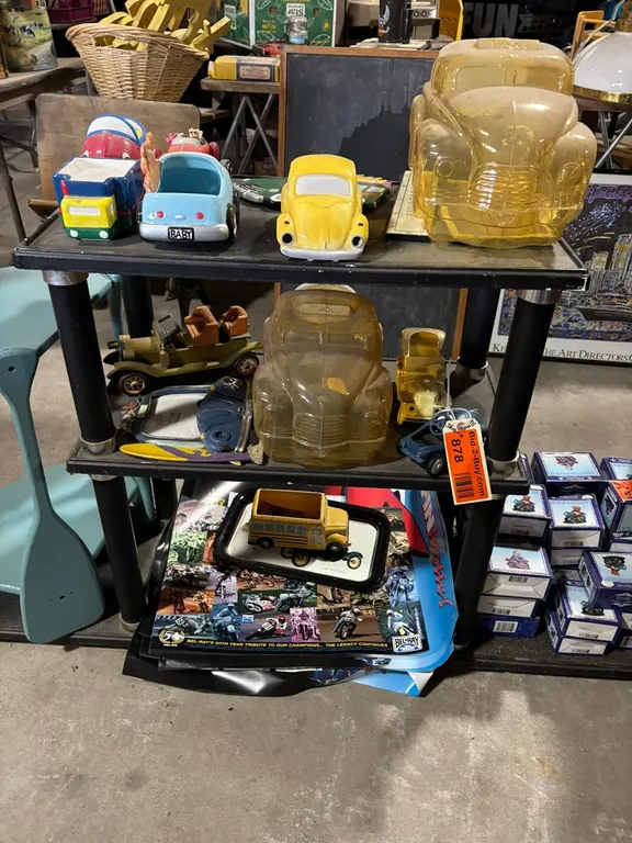 Vehicle Planters, Piggy Banks, and Posters