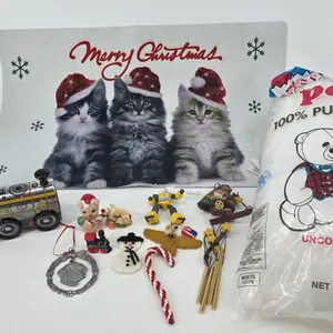 Lot of Christmas Little Ornaments,  Tin Train, Cat Rug and Poly-fil